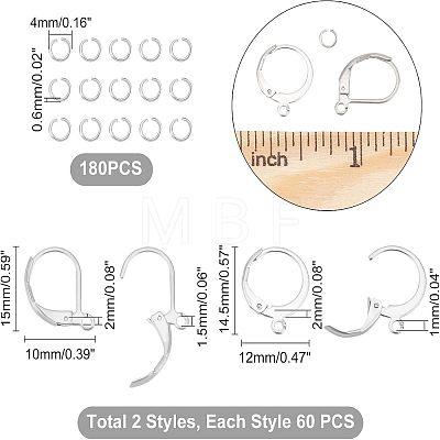 Unicraftale 120Pcs 2 Style 304 Stainless Steel Leverback Earring Findings STAS-UN0038-45-1