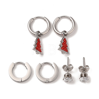 3 Pairs 3 Styles Christmas 304 Stainless Steel Hoop & Studs Earrings Set for Women EJEW-K279-11C-P-1