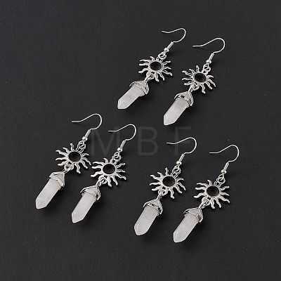 Natural Quartz Crystal Bullet with Sun Dangle Earrings EJEW-I276-01P-20-1