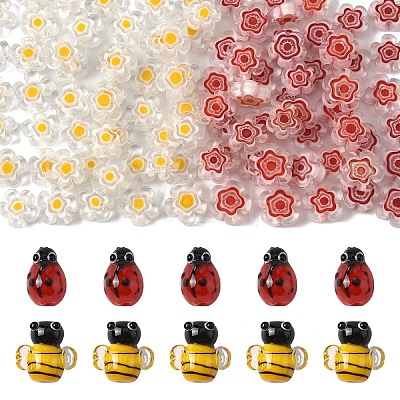 5Pcs Handmade 3D Bees Lampwork Beads & 50Pcs Flower Millefiori Glass Beads Sets LAMP-YW0001-63-1