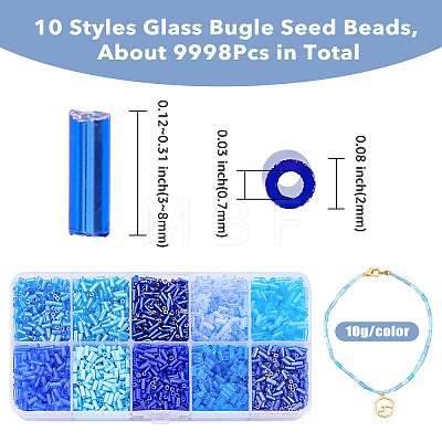 DICOSMETIC 10 Colors Blue Series Transparent Colours Luster Glass Bugle Beads SEED-DC0001-07-1