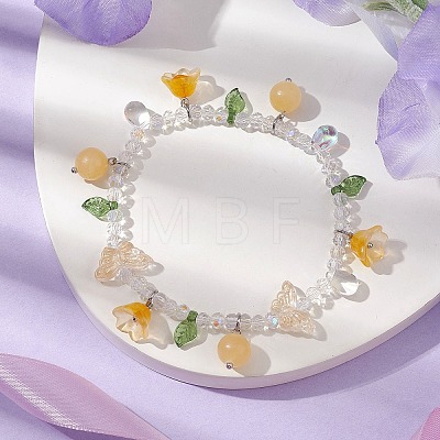 Dyed Natural Topaz Jade & Glass Beaded Stretch Bracelet with Flower Charms BJEW-JB10176-03-1