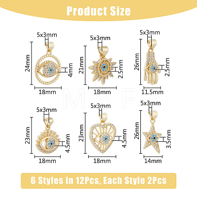 12Pcs 6 Styles Brass Micro Pave Cubic Zirconia Pendants ZIRC-DC0001-28-1