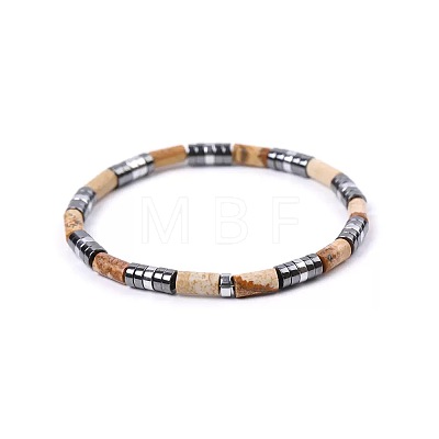Bohemian Natural Picture Jasper & Platinum Synthetic Non-magnetic Hematite Beaded Stretch Bracelets for Women Men NY1304-5-1