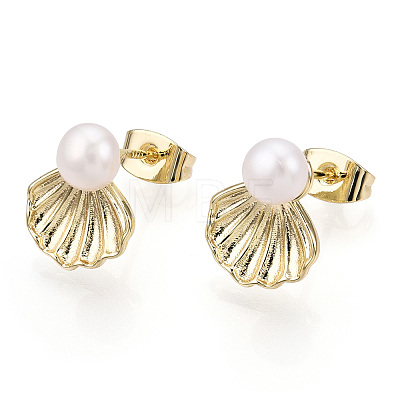 Brass Shell Shape & Natural Pearl Stud Earrings PEAR-N020-05H-1