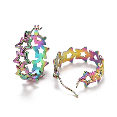 Ion Plating(IP) Rainbow Color Hollow Star 304 Stainless Steel Hoop Earrings for Women STAS-A057-14MC-1