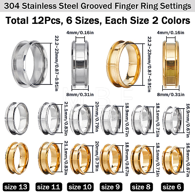 SUNNYCLUE 12Pcs 12 Styles 304 Stainless Steel Grooved Finger Ring Settings RJEW-SC0001-03-1