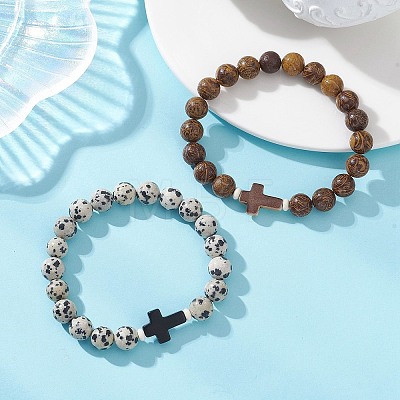 2Pcs 2 Styles Natural Dalmatian Jasper & Elephant Skin Jasper Beads Stretch Bracelets BJEW-JB13675-1