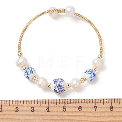 Handmade Porcelain & Natural Cultured Freshwater Pearl & Non-magnetic Synthetic Hematite Beaded Cuff Bangles for Women BJEW-JB14022-01-1