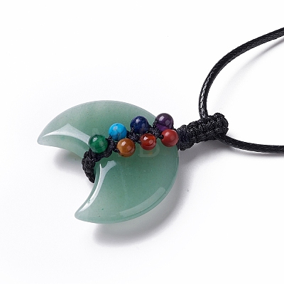 Adjustable Natural Green Aventurine Double Horn Pendant Necklace with Wax Cord for Women NJEW-B086-01G-1