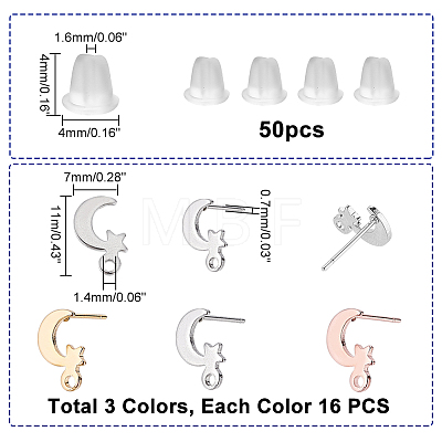 DICOSMETIC 48Pcs 3 Colors 201 Stainless Steel Stud Earring Findings STAS-DC0009-86-1