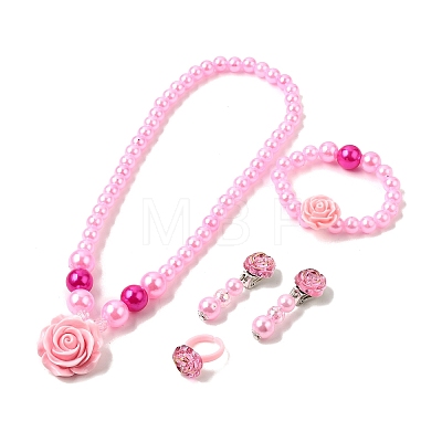 Cute Unicorn Alloy Plastic Children's Beaded Necklace & Bracelet & Cuff Ring & Clip-on Earring Jewelry Sets for Girl's FS-WGF4311-06-1