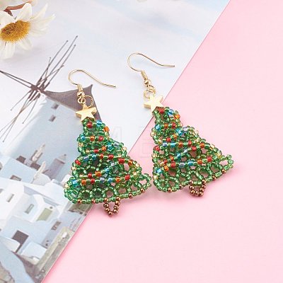 Glass Seed Beads Christmas Tree Dangle Earrings EJEW-JE04482-1