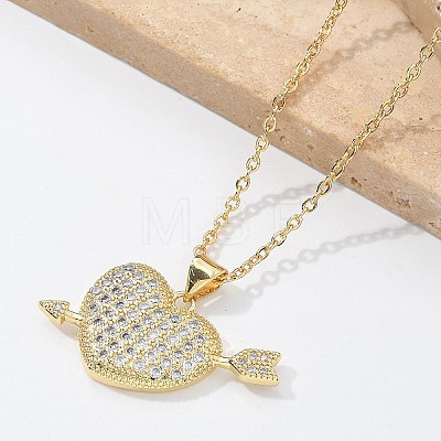 Brass Micro Pave Clear Cubic Zirconia Arrow Heart Pendant Necklaces for Women NJEW-M088-01G-03-1