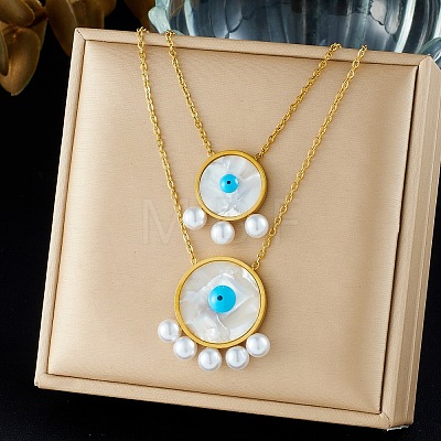 304 Stainless Steel Acrylic Blue Evil Eye Pendant Double Layer Necklaces for Women WG0980E-01-1