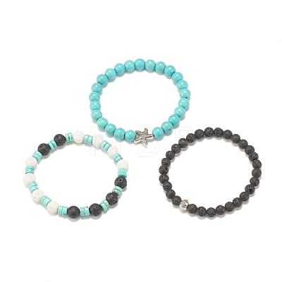 3Pcs 3 Style Natural & Synthetic Mixed Gemstone Beaded Stretch Bracelets Set with Alloy Starfish for Women BJEW-JB08185-1