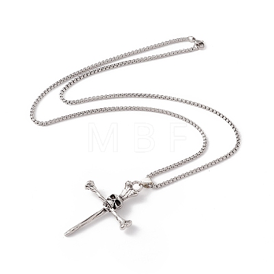 Alloy Cross with Skull Pendant Necklace with 201 Stainless Steel Box Chains LS-NJEW-E016-03AS-1