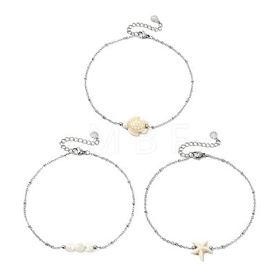 3Pcs 3 Styles Ocean Dyed Synthetic Turquoise Turtle Starfish & Round Natural White Shell Anklets AJEW-AN00803-1