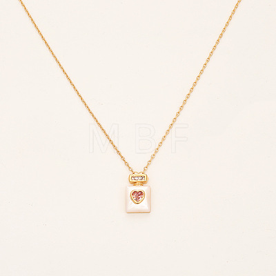 Brass Pave Clear and Pink Cubic Zirconia and Natural Sehll Heart Perfume Bottle Pendant Necklaces for Women WGADA0A-01-1