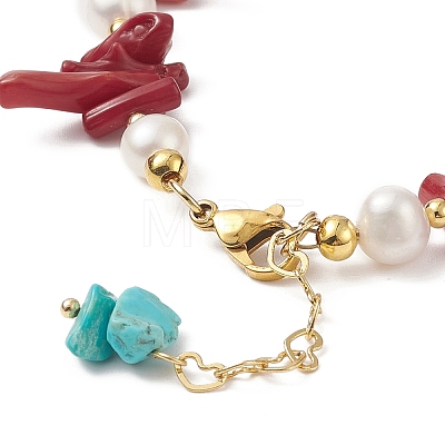 Synthetic Coral & Natural Pearl Beaded Bracelet with Synthetic Turquoise(Dyed) Charms BJEW-TA00229-1