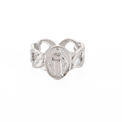 304 Stainless Steel Flat Round with Virgin Mary Open Cuff Ring for Women RJEW-S405-176P-1