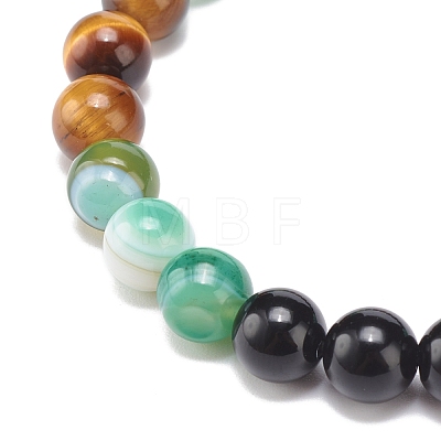 Natural Agate & Tiger Eye & Black Onyx Round Beaded Stretch Bracelet BJEW-JB08400-03-1