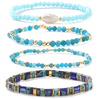 4Pcs 4 Styles Gemstone & Glass & Seed Beads & Brass Beads Stretch Bracelets LN0017-1-1