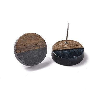 Resin & Walnut Wood Flat Round Stud Earrings with 304 Stainless Steel Pin for Women EJEW-TAC0021-04A-1