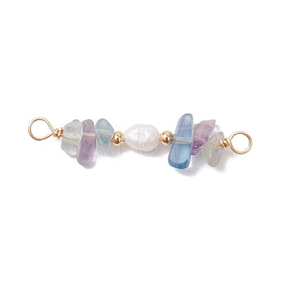 Natural Fluorite Chip & Natural Cultured Freshwater Pearl Rice Beaded Connector Charms PALLOY-JF03707-06-1