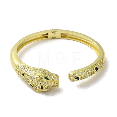 Brass Pave Clear & Green Cubic Zirconia Leopard Open Cuff Bangle for Women BJEW-K246-20B-G-1