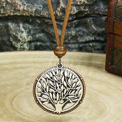 Tree of Life Alloy Pendant Imitation Leather Cord Adjustable Necklaces FS-WG37634-01-1