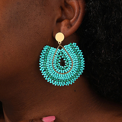 Bohemian Style Fan Glass Seed Beaded Dangle Stud Earrings for Women LS3119-3-1