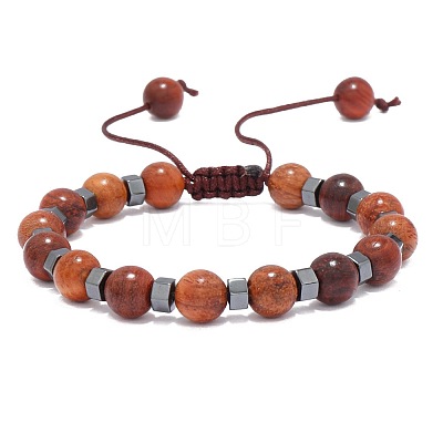 Adjustable Round Wood & synthetic Non-magnetic Hematite Braided Bead Bracelets for Men MC4524-4-1