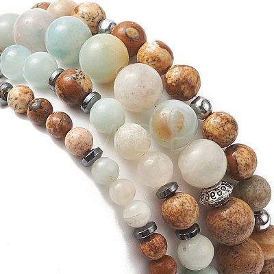 Natural Flower Amazonite & Picture Jasper Beaded Stretch Bracelets Sets with Non-Magnetic Synthetic Hematite BJEW-JB09281-1
