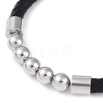 304 Stainless Steel Round Beads Leather Cord Bracelets BJEW-A009-02P-1