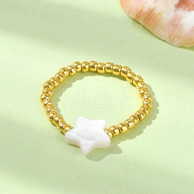 Natural Shell & TOHO Round Seed Braided Bead Style Finger Ring RJEW-JR00599-04-1