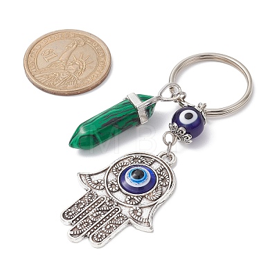 Hamsa Hand with Evil Eye Alloy Enamel Pendant Keychain with Synthetic Mixed Gemstone Bullet KEYC-JKC00605-1