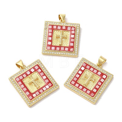 Square with Corss  Brass Micro Pave Cubic Zirconia Pendants KK-K385-041G-1