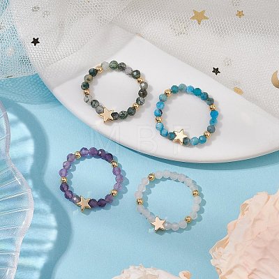 Round Natural Apatite & Green Aventurine & Amethyst & Moss Agate Beads Stretch Rings for Women RJEW-JR00714-02-1