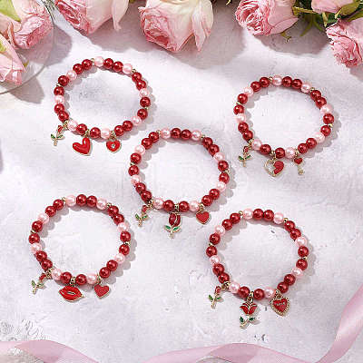 Valentine's Day Glass Pearl Stretch Bracelets for Women BJEW-JB11441-1