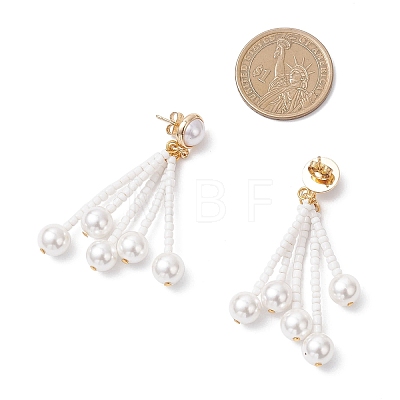 Round Shell Pearl & Glass Seed Beads Dangle Stud Earrings EJEW-TA00768-1