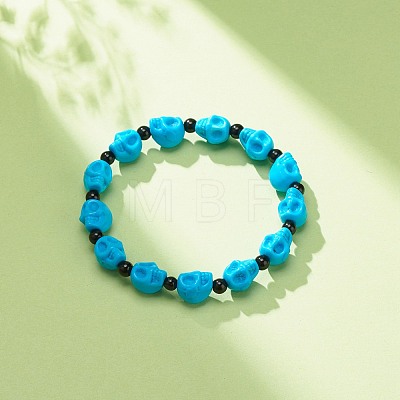 Natural Mashan Jade Skull & Synthetic Turquoise(Dyed) Beaded Stretch Bracelet BJEW-JB08377-04-1