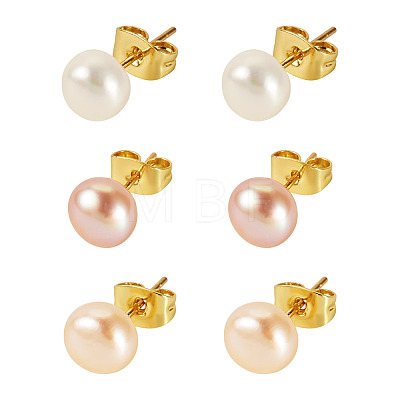 6Pcs 3 Colors Natural Cultured Freshwater Pearl Stud Earrings EJEW-TAC00026-1