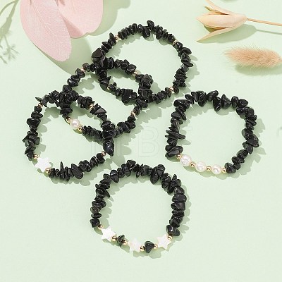 5Pcs 5 Style Natural Obsidian Chips Stretch Bracelets Set BJEW-JB09551-03-1