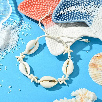 Natural Shell & Synthetic Turquoise Starfish Braided Bead Bracelets BJEW-JB10081-1