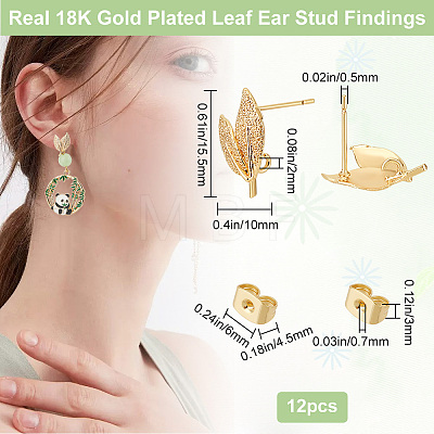 Beebeecraft 12Pcs Leaf Shape Brass Stud Earring Findings KK-BBC0011-57-1
