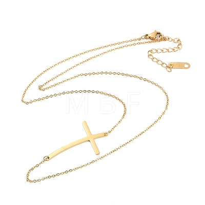 Ion Plating(IP) 304 Stainless Steel Religion Curved Cross Pendant Cable Chain Necklaces for Women NJEW-P320-13G-1