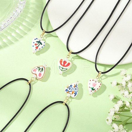 Printed Porcelain Heart Penant Black Waxed Cord Necklace for Women NJEW-JN06482-1