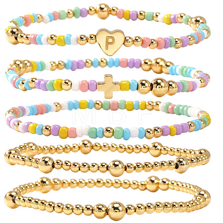Summer Stainless Steel Heart Alphabet Colorful Glass Seed Beaded Stretch Bracelet Sets JV8929-16-1