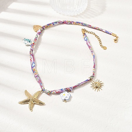 304 Stainless Steel Starfish Sun Heart & Ceramic Fish Flower Pendant Printed Polyester Cord Necklaces for Women NJEW-A063-08G-1